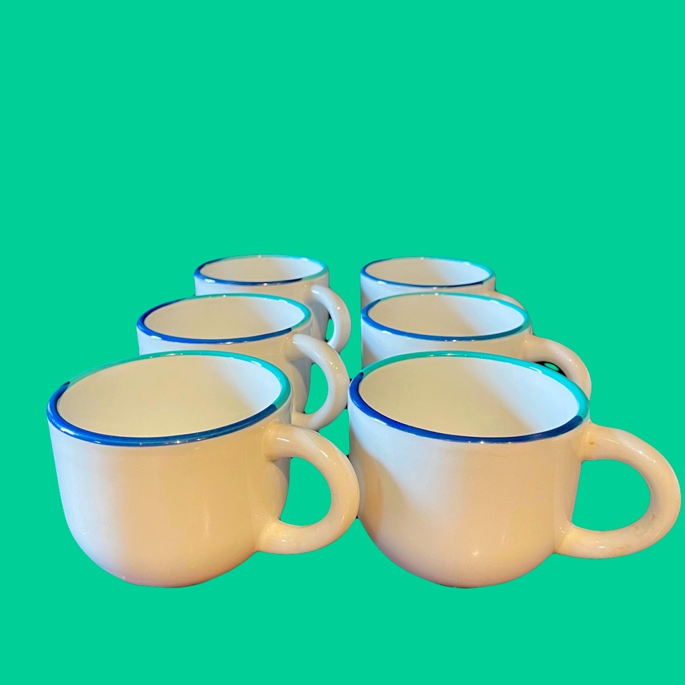 6 Crate & Barrel Italy Blue Aqua Green Stripes Tea Cups EUC